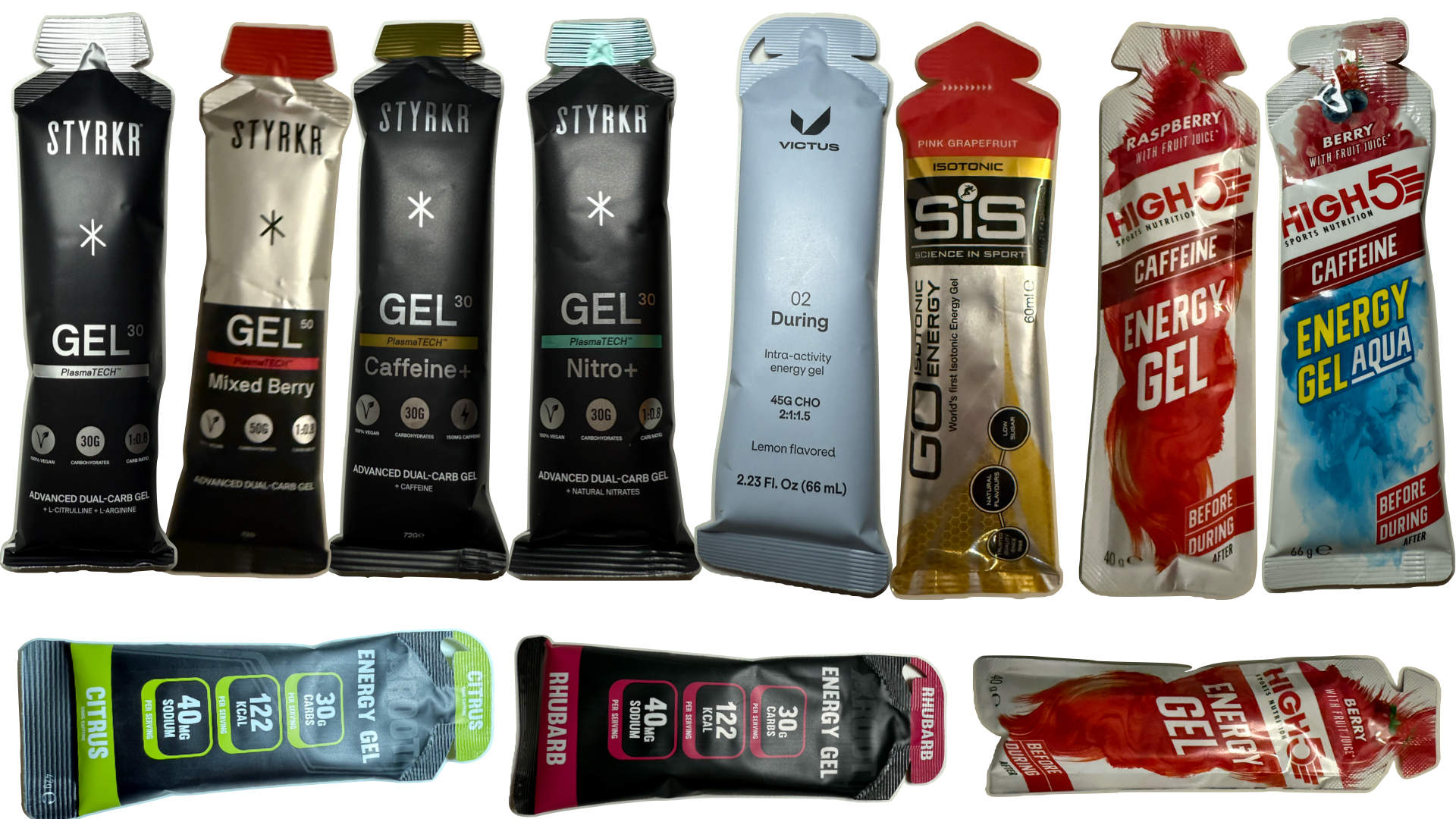 running gels for training, endurance, sis, styrkr, active roots, Victus, premium, running fuel, caffeine gels, high 5 gels, all spread out 