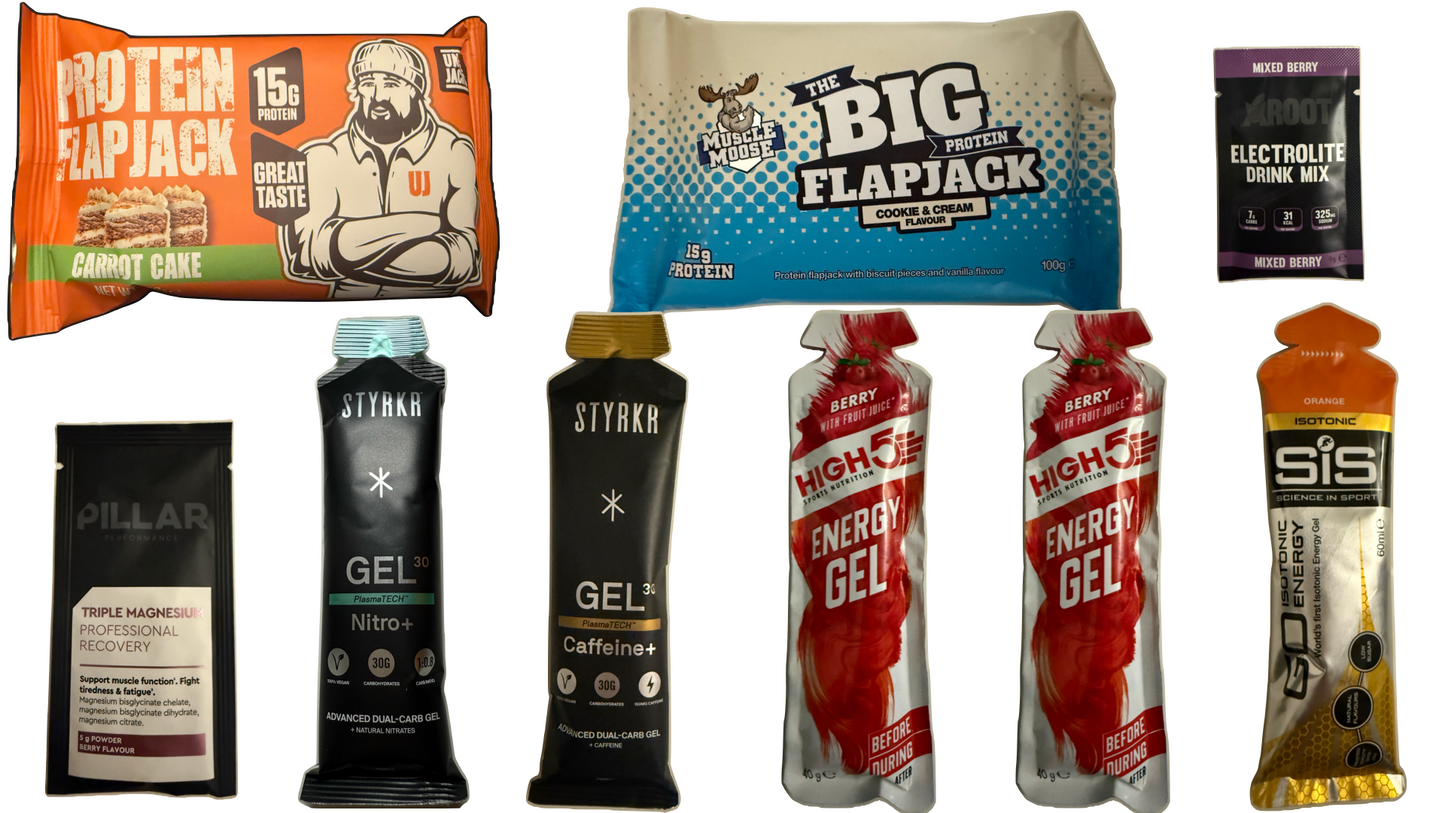 uncle jacks flapjack, muscle moose flapjack, active root electrolytes, pillar recovery triple magnesium, styrkr nitro gel, styrkr caffeine gel, high5 gel, sis running gel,