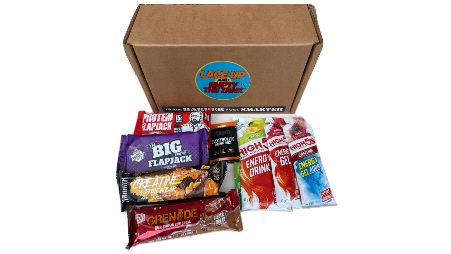 gym box, multiple products, protein bars, protein, creatine, energy drinks, electrolytes, grenade bar, high 5, running gels, warrior bar, active root, muscle moose, uncle jacks, flap jacks