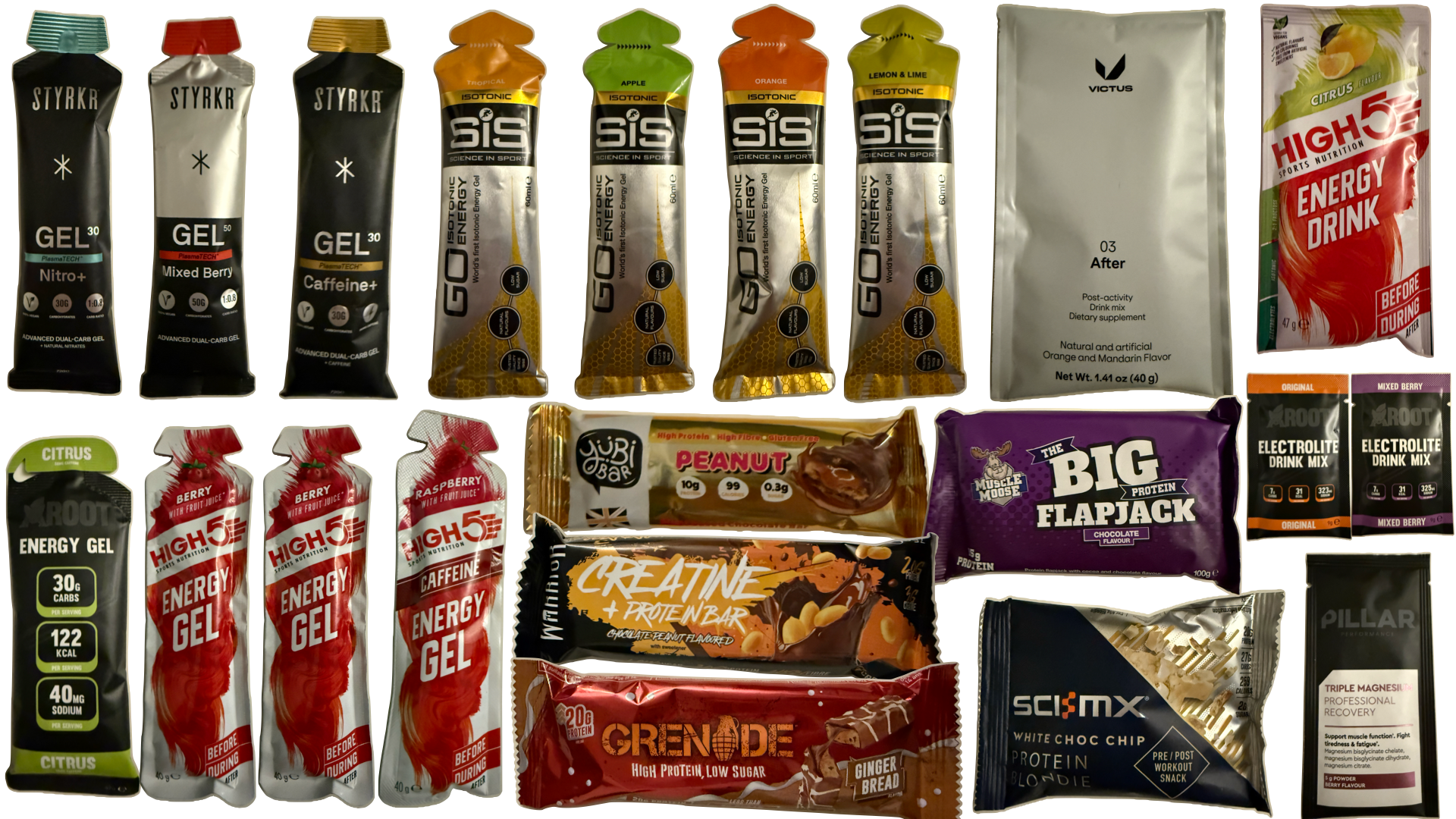 hero box with running gels, Victus, styrkr, SIS, High 5, Active Root, Pillar recovery drinks, electrolytes, Grenade protein bars, Warrior creatine bars, High 5 caffeine gels and high 5 energy drinks, products spread out