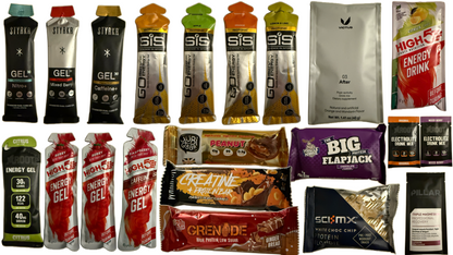 hero box with running gels, Victus, styrkr, SIS, High 5, Active Root, Pillar recovery drinks, electrolytes, Grenade protein bars, Warrior creatine bars, High 5 caffeine gels and high 5 energy drinks, products spread out