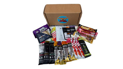 hero box with running gels, Victus, styrkr, SIS, High 5, Active Root, Pillar recovery drinks, electrolytes, Grenade protein bars, Warrior creatine bars, High 5 caffeine gels and high 5 energy drinks, products in a display box.