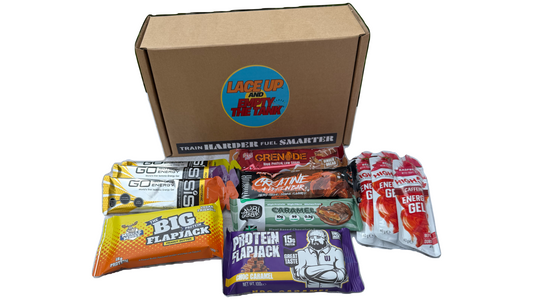 protein and gel box with running gels, and high protein snacks, muscle moose, uncle jack flapjack, SIS, High 5, yubi bar, Grenade protein bars, Warrior creatine bars, High 5 caffeine gels and high 5 energy, products in a display box