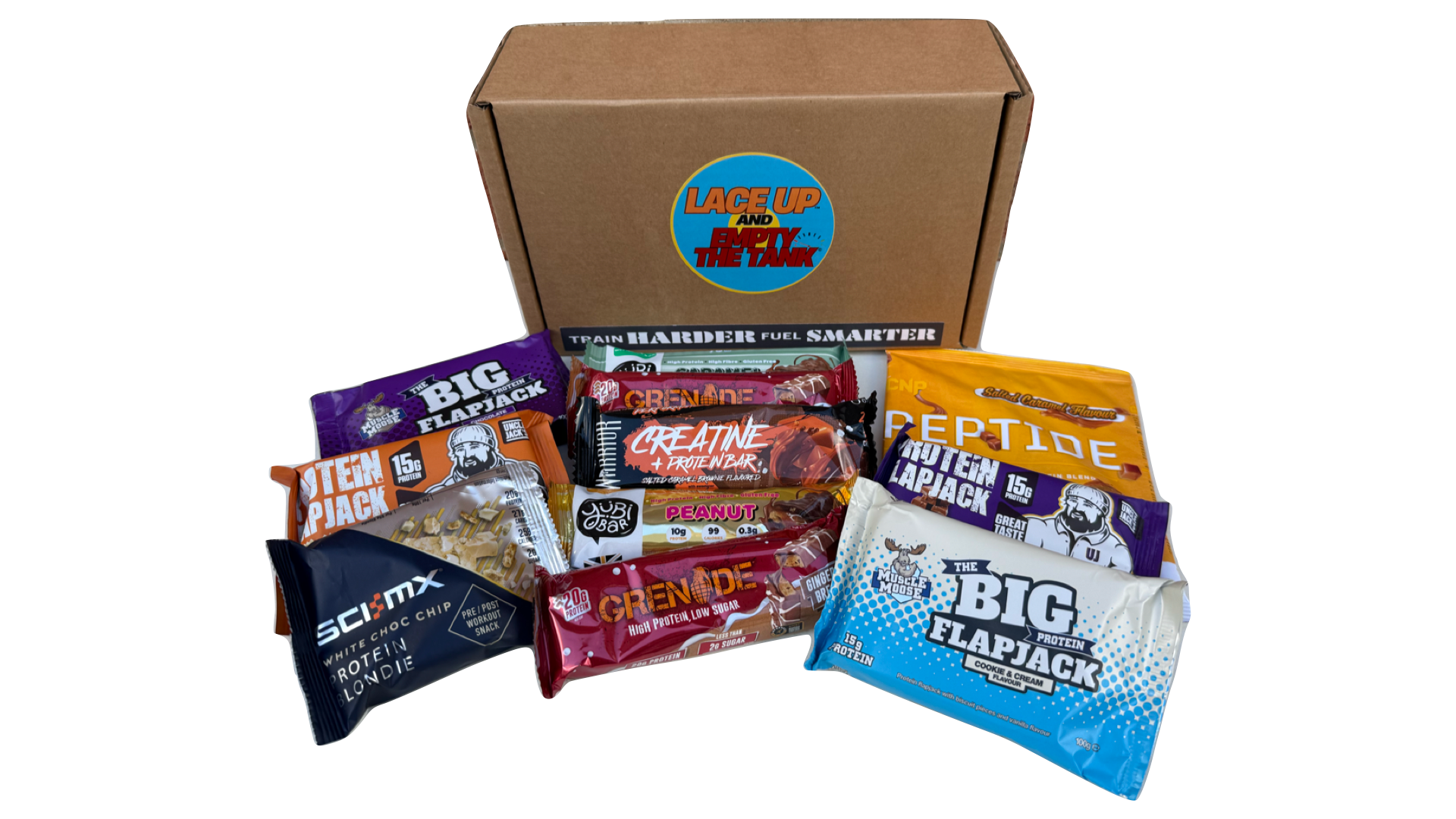 protein snack box, healthy, snacks, training, running, fuel, creatine bar, warrior, grenade protein bar, flapjack, uncle jack, muscle moose snack, sci mx blondie snack all in a display box