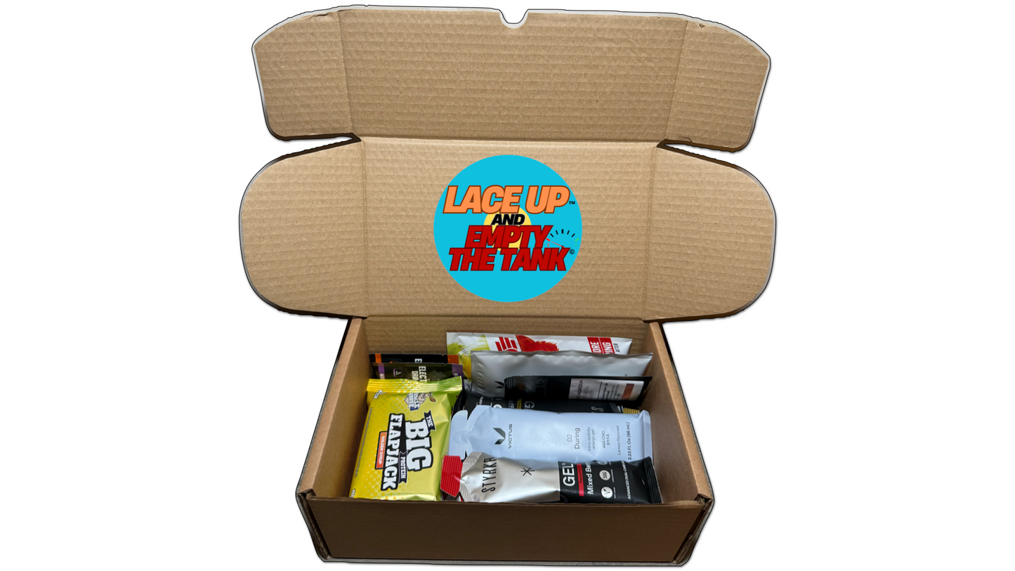 premium running box with training  gels, and high protein snacks, muscle moose, uncle jack flapjack, Victus 02,victus 03, styrkr, High 5, active root electrolytes, High 5 caffeine gels and high 5 energy, products packaged away