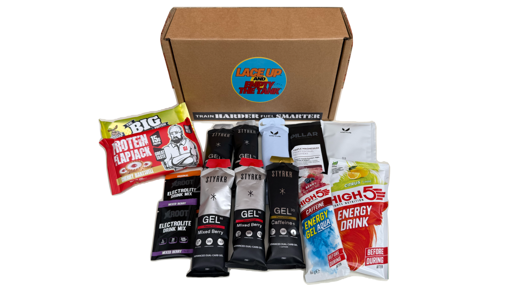 premium gel box with running gels, and high protein snacks, muscle moose, uncle jack flapjack, pillar recovery-Victus 02,victus 03, styrkr, High 5, active root electrolytes, High 5 caffeine gels and high 5 energy, products in a display box